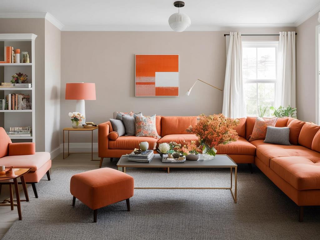 A bright and cheerful living room painted in a soft shade of peach.