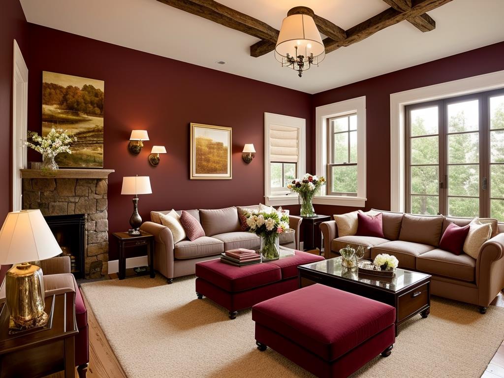 A cozy and warm living room painted in a rich, deep shade of burgundy. 